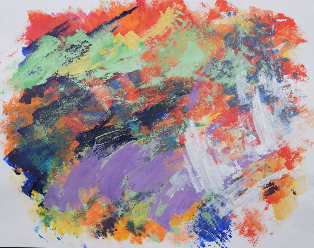 Acrylic on paper artwork with white background and tightly knit paint strokes of seafoam, orange, red, blue, purple and white