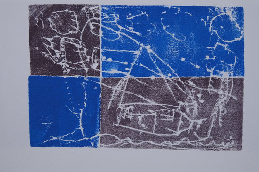 Ink on paper artwork with a black square in the top left, a blue square in the bottom left, a blue rectangle in the top right and a black rectangle in the bottom right.  White outlines of a house and sun are atop the colored blocks