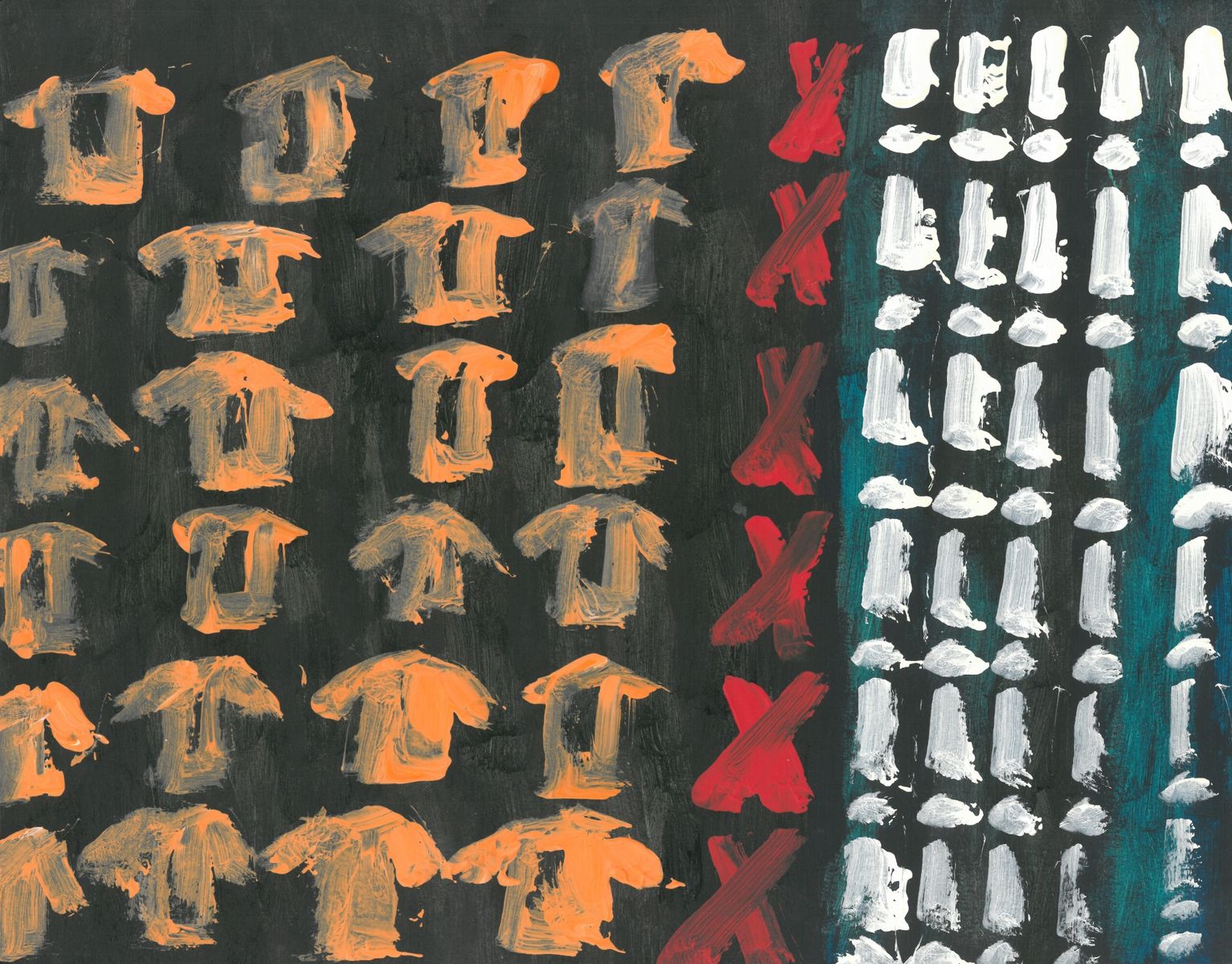 Acrylic on paper artwork against a black background with four vertical lines of small orange tshirts, one vertical line of red Xs, and five vertical lines of white ghosts