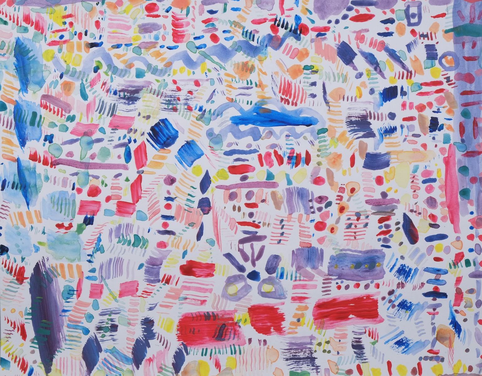 Acrylic on paper artwork on a mostly white background with varying patterns of splotches, dots and tiny lines in colors of light blue, pink, red, yellow and dark blue