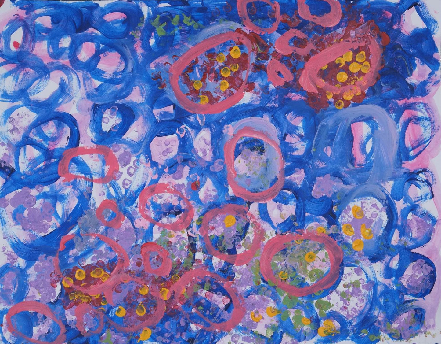 Acrylic on paper artwork with pink and lavender background and blue and pink interlocking circles overlaid
