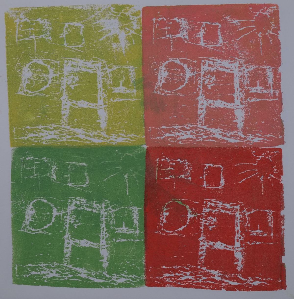 Ink on paper artwork with four colored blocks of lime green, green, coral, and red, each depicting a white house