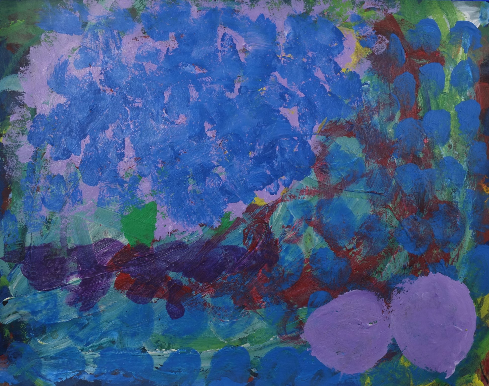 Acrylic on paper artwork with green, lavender and red background with blue dots  and two large lavender dots in the right corner