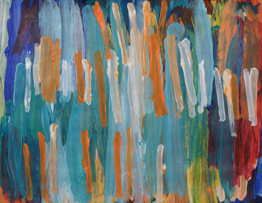 Acrylic on paper artwork inspired by reflections on the water.  The piece features vertical short strokes of dark blue, light blue, orange, and white with hints of yellow and red