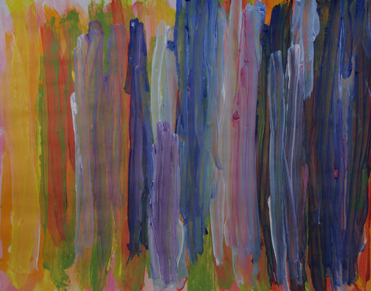 Painting with many layers of paint.  Starting from the back, light pink, yellow, orange, red, green, blue, and purple. The paint is applied with vertical visible brush strokes. The left side of the painting is more yellow and the right side is more blue. 