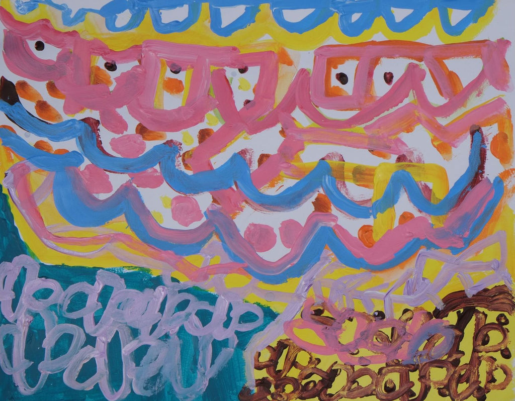Acrylic on paper artwork depicting blue, yellow, pink and lavender waves