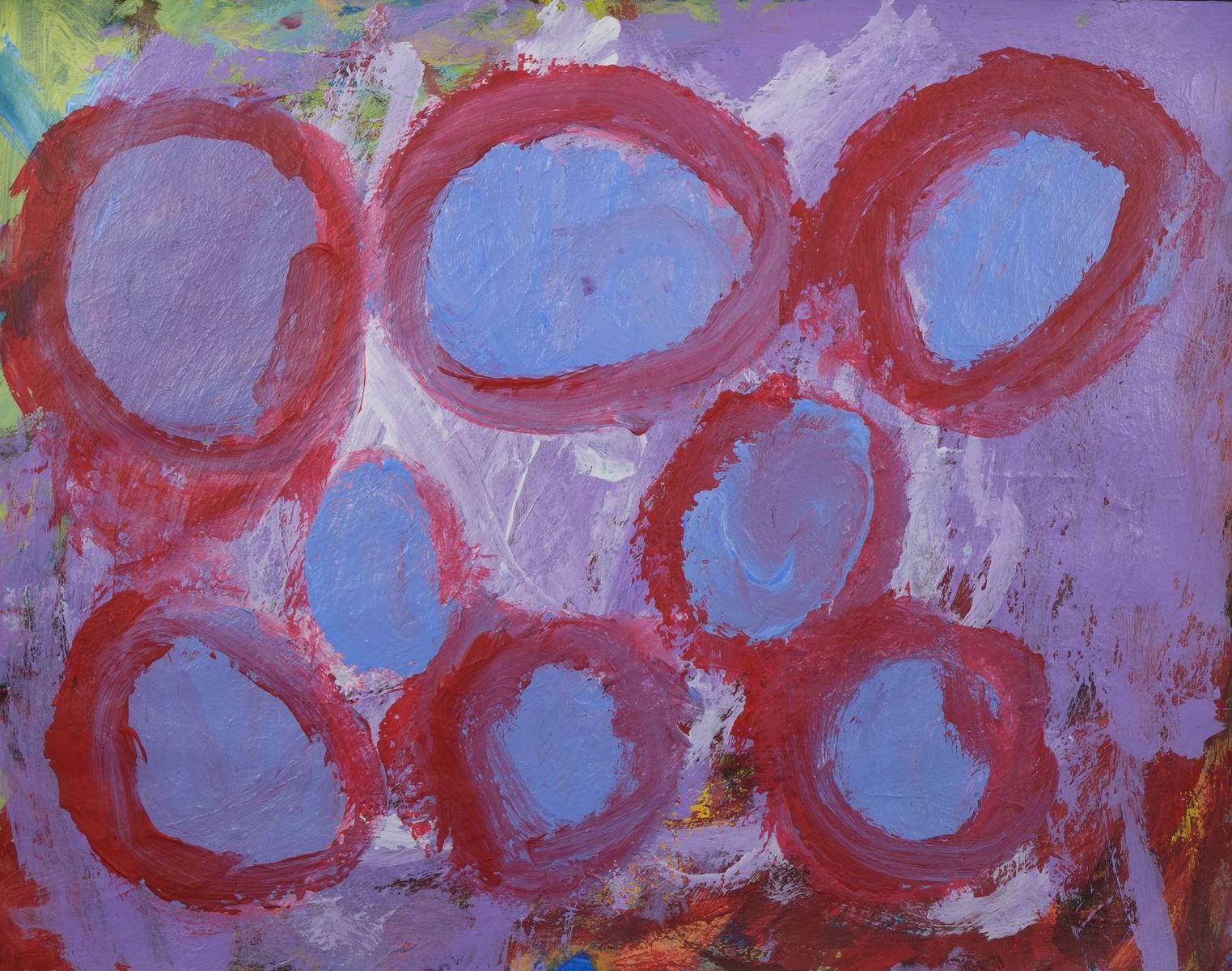 Acrylic on paper artwork with blue and lavender background and red circles on top