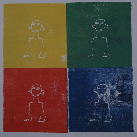 Ink on paper artwork with four colored squares.  Yellow on the top left, red on the bottom left, green on the top right, and blue on the bottom right all depicting a man in a white outline
