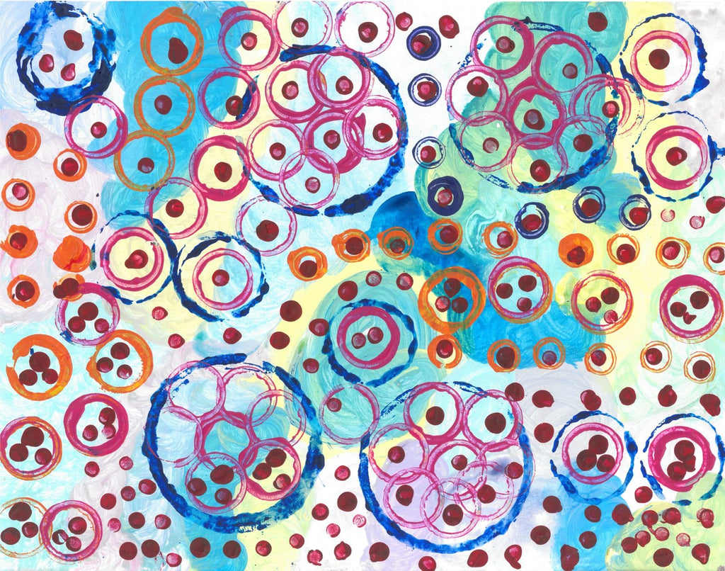 Acrylic on paper artwork depicting teal, light blue, and yellow background with pink and blue interlocking circles overlaid with red dots over all