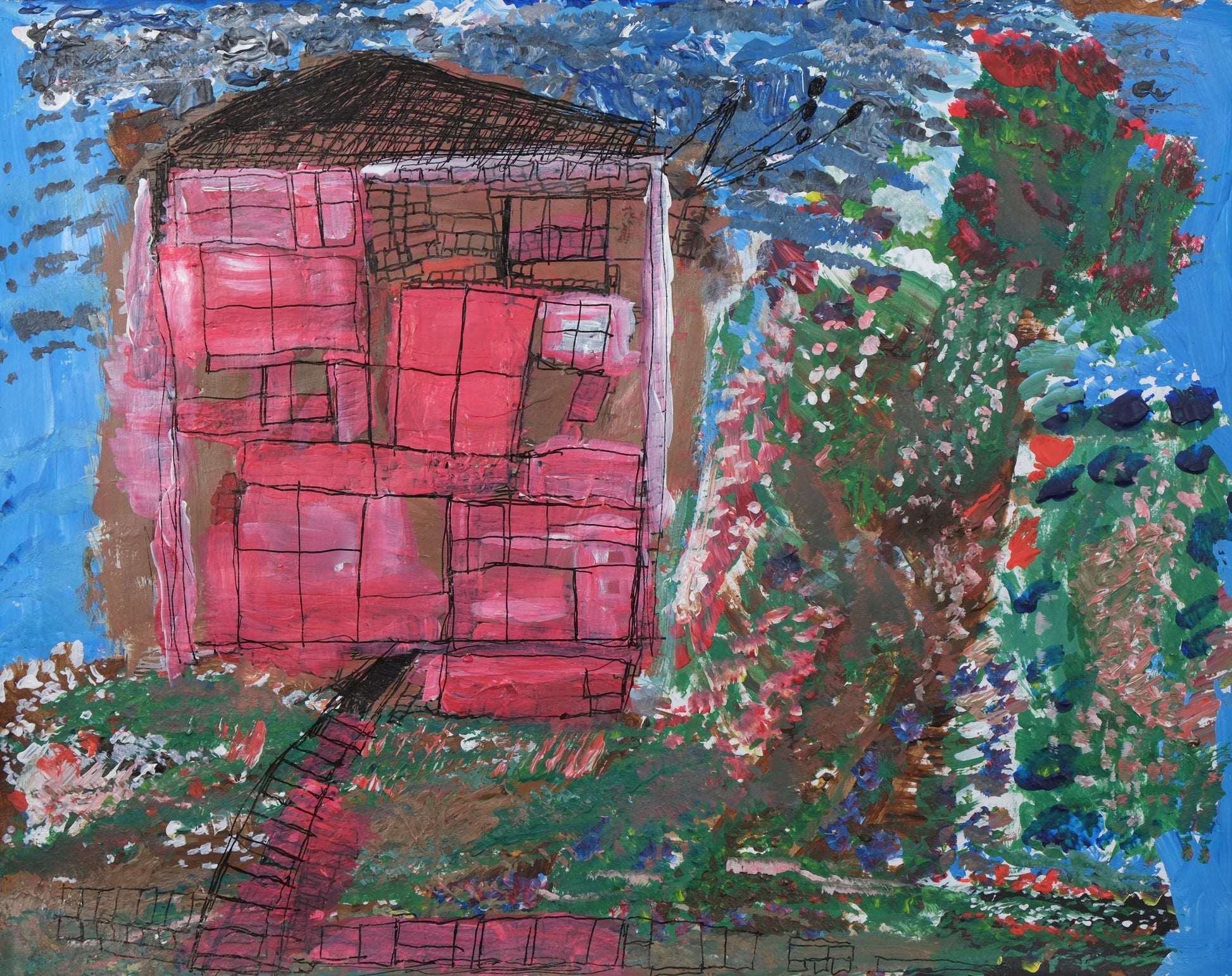 Acrylic and ink on paper artwork of a red and brown house with a black roof against a blue sky with a green garden