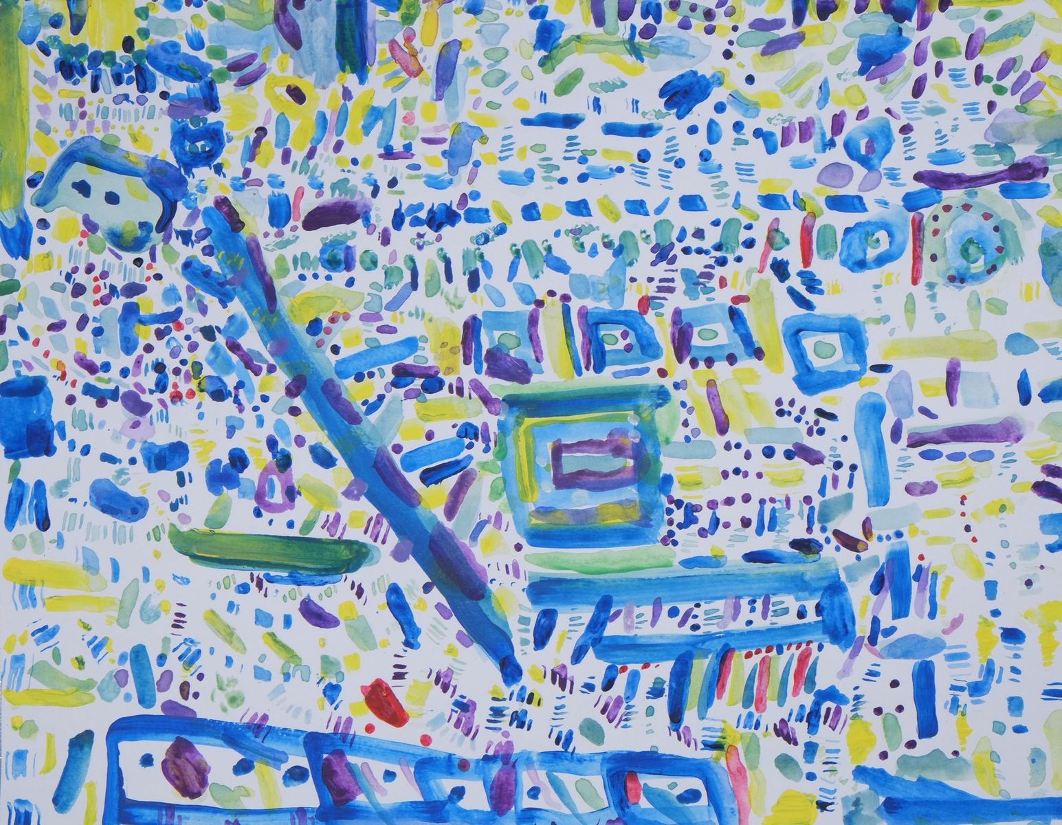 Acrylic on paper artwork with a mostly white background with patterns and shapes of dots, streaks, lines, squares in purple, yellow and blue colors with green accents throughout