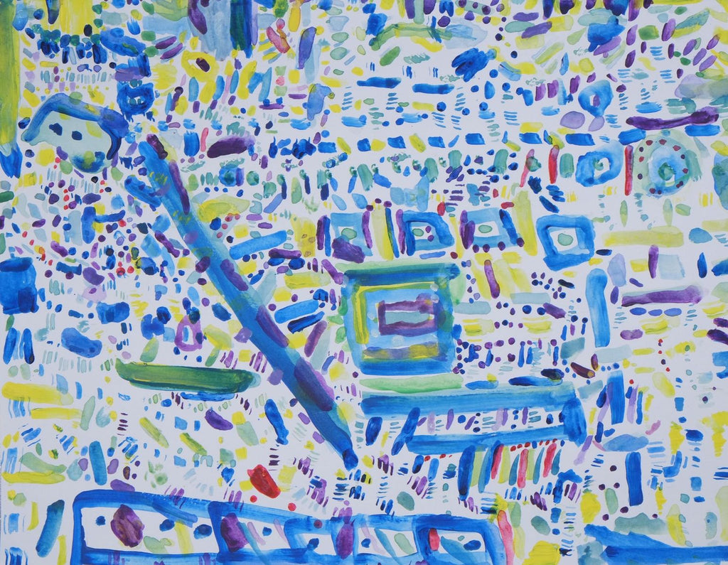 Acrylic on paper artwork with a mostly white background with patterns and shapes of dots, streaks, lines, squares in purple, yellow and blue colors with green accents throughout