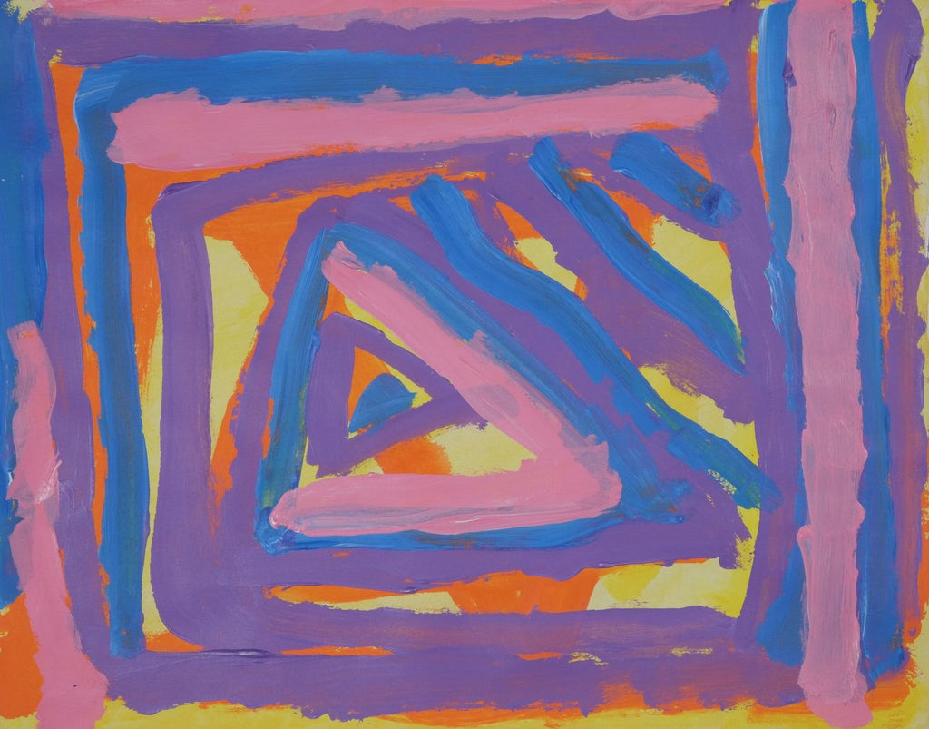 Acrylic on paper artwork depicting orange and yellow background with blue, pink and purple squares working inward to blue, pink and purple triangle center