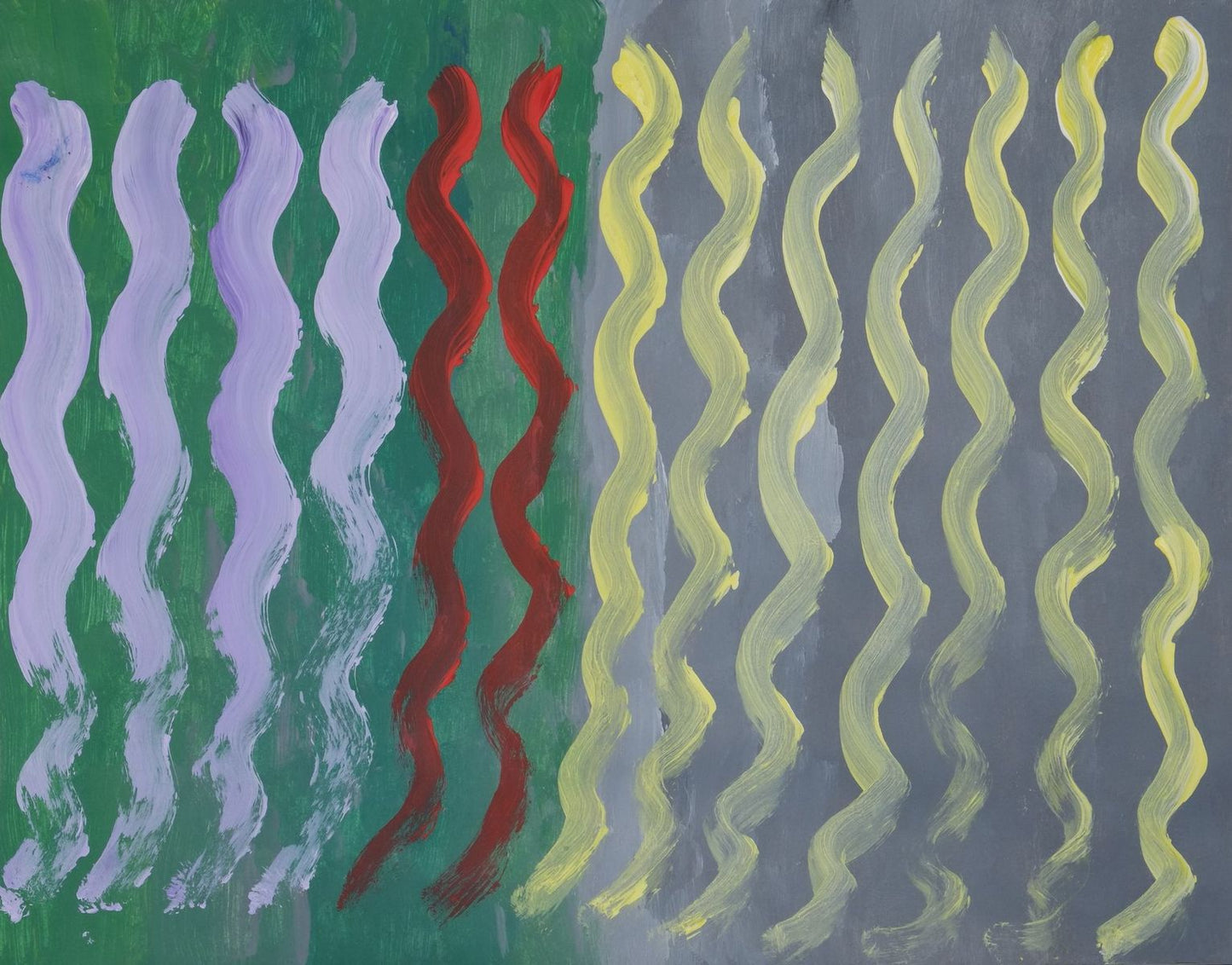 the left Half of the background is green teal and the right is gray. On top of the gray half are seven light yellow squiggles going down the page. On top of the green half to the left are four light purple squiggles that fade into the green, beside it in the center of the painting are two red squiggles