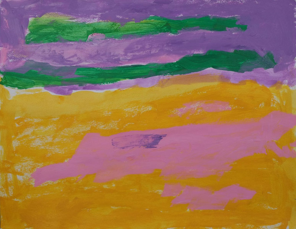 Acrylic on paper artwork depicting horizontal purple and yellow background with green and pink horizontal overlay