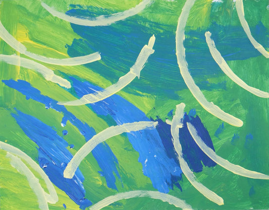 Acrylic on paper artwork with a background of lime green, green and blue beneath pale yellow arcs