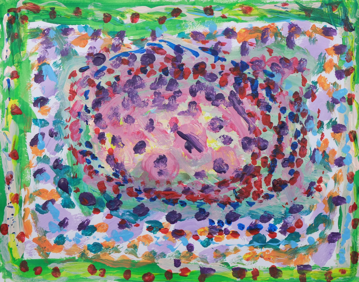 Abstract painting with borders green and the center being a light purple. Red, Blue, Purple dots all over