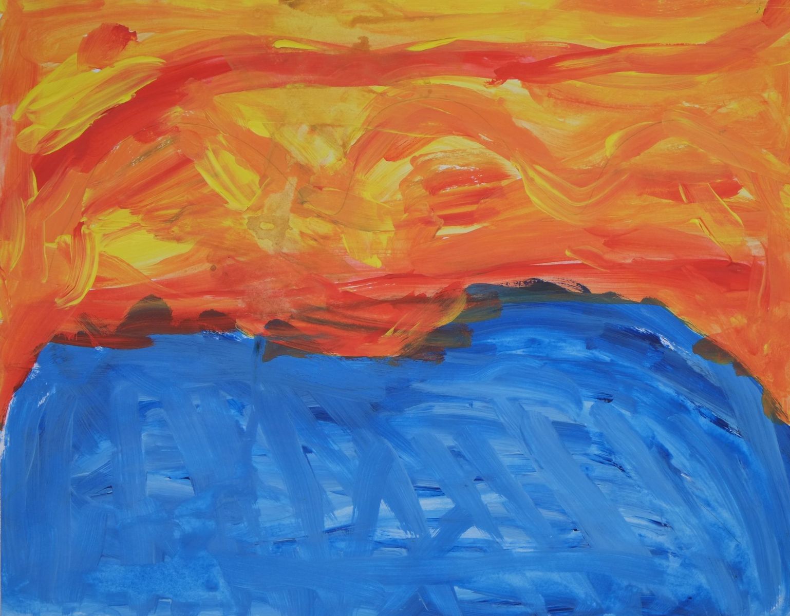 Acrylic on paper artwork depicting a sunset over a bond.  Fiery red, orange and yellow paint strokes encompass the top half of the art while the bottom half is the blue pond