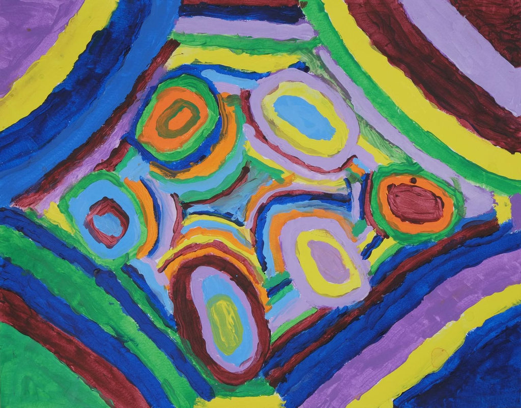 Acrylic on paper artwork with purple, yellow, red, green and blue lines working outside in to interlocking circles of blue, green, orange, yellow, blue and lavender