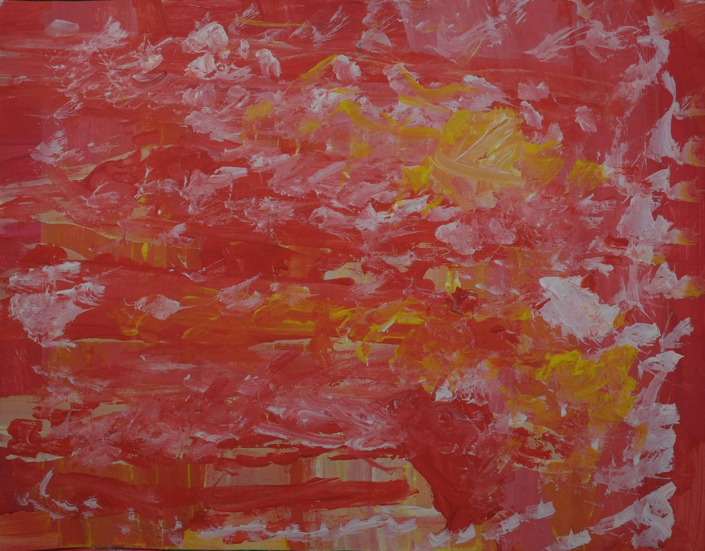 Acrylic on paper artwork with a red background beneath white and yellow paint dabs throughout