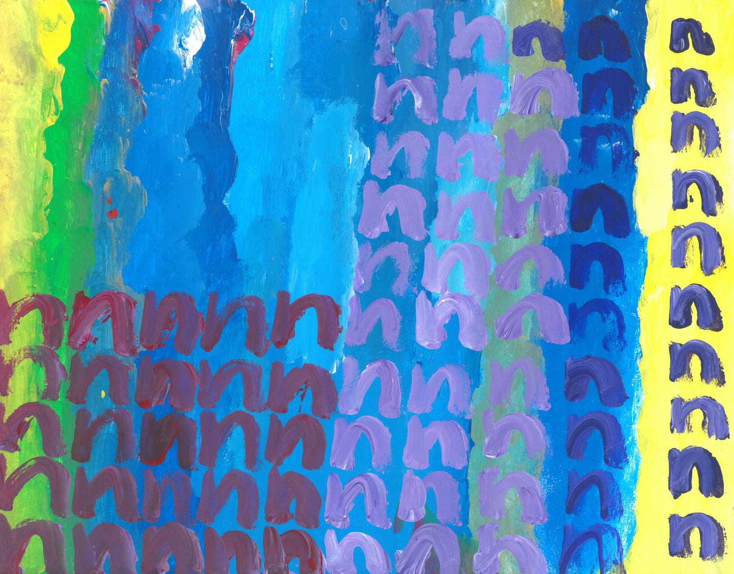 Acrylic on paper artwork with vertical stripes of yellow, green, and blue with maroon, lavender and purple N's overlaid