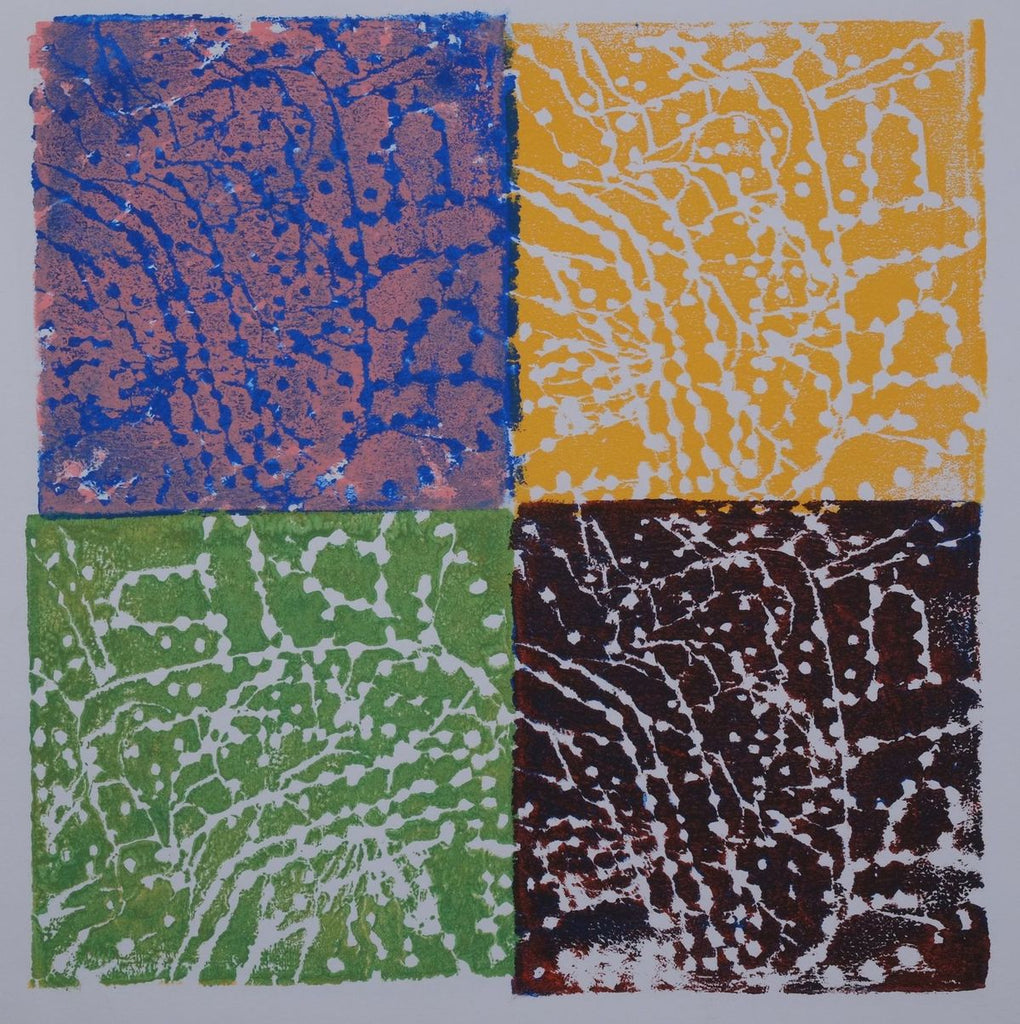 Ink on paper artwork with four colored squares: blue and pink in the top left, green in the bottom left, golden yellow in the top right and deep red in the bottom right