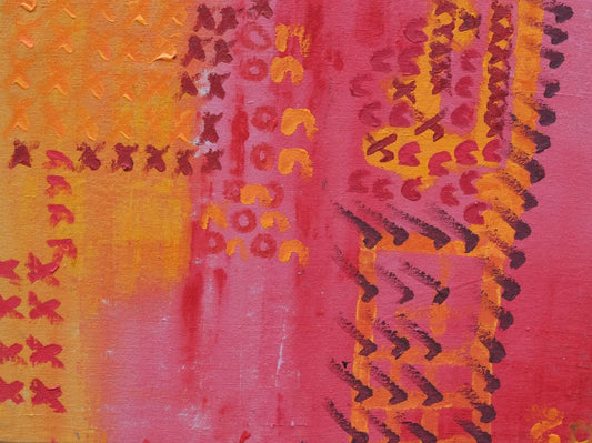 Acrylic on canvas artwork with orange and pink background beneath rows of the letter x and n and check marks