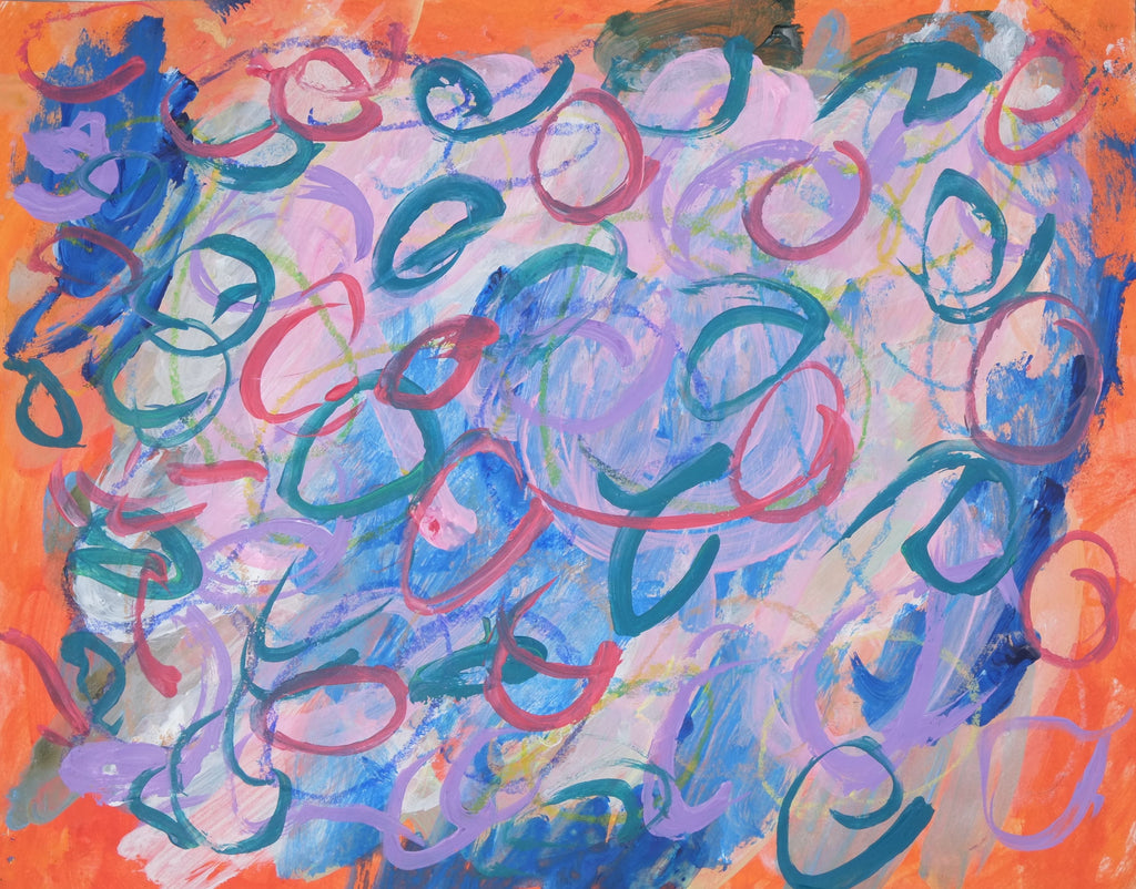 Acrylic on paper artwork with an orange border and cotton candy background of blue and pink with teal, lavender and pink swirls overlaid