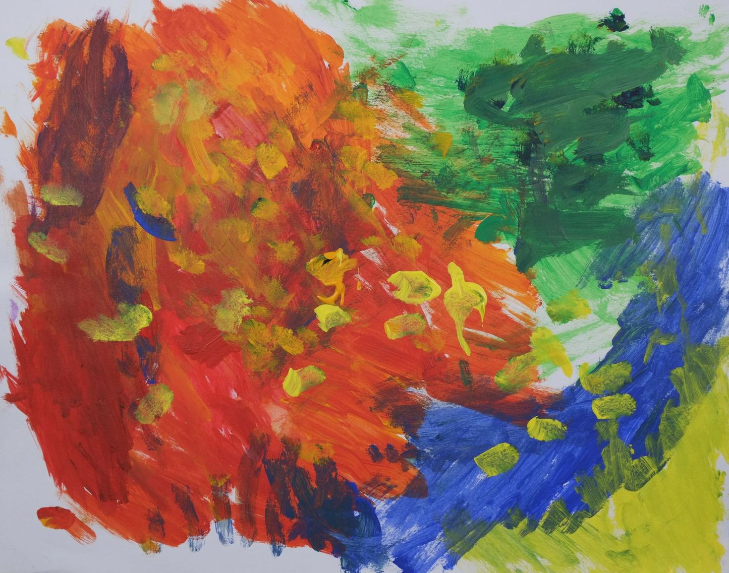 Acrylic on paper artwork on a white background with a red, orange, green, blue and yellow background with yellow paint splotches overlaid