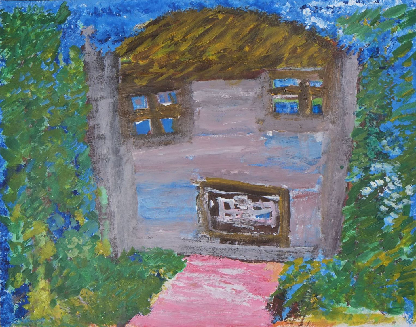 Acrylic on paper depicting a gray house with a straw roof and pink pathway with green grass and a blue sky