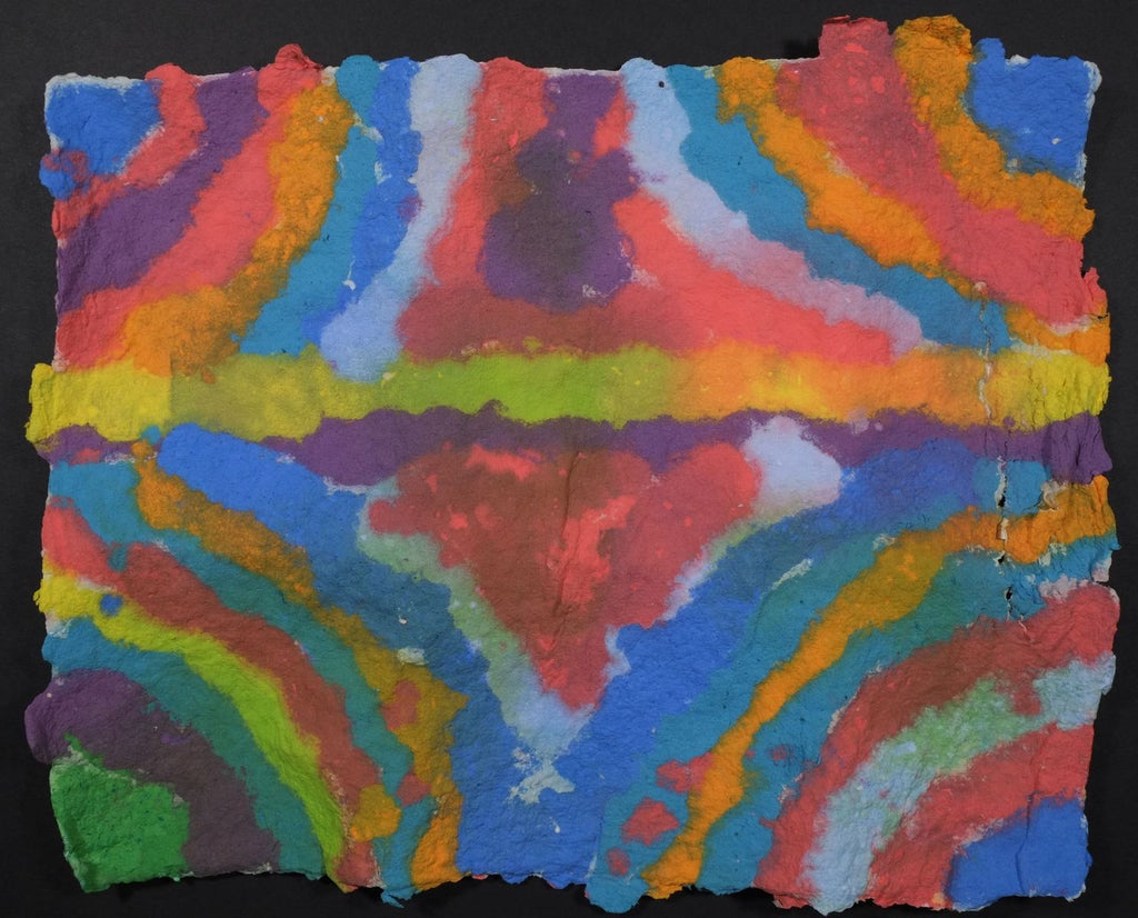 Pigment on recycled paper artwork with a green/yellow horizontal line through the center with curved lines of blue, orange, red, green and purple working inwards beneath and above