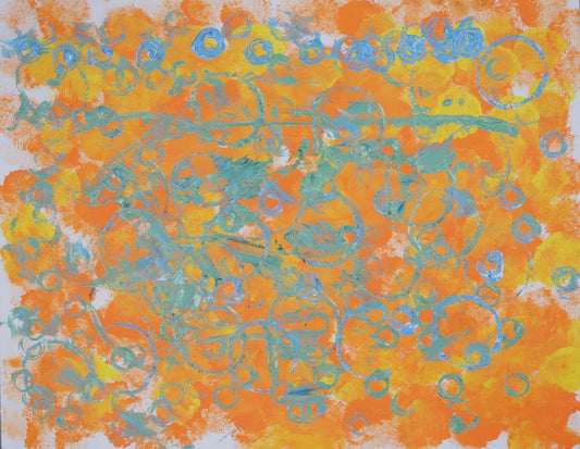 Acrylic on paper artwork with a background of orange and yellow fluffy dots with interlocking blue circles overlaid