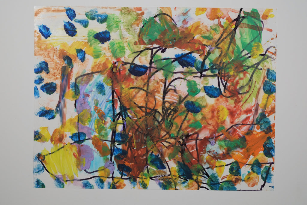Acrylic and ink on acetate artwork with splotches of blue, yellow, lavender, orange, green and red against a white background and beneath freeform black lines drawn all over on top