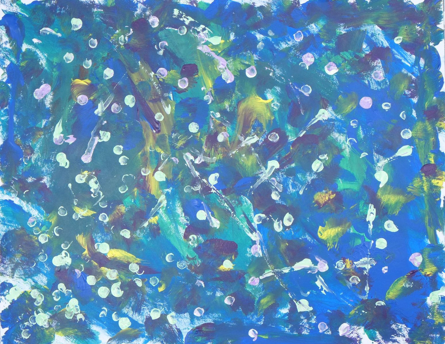 Acrylic on paper artwork of lavender and white dots against a background of yellow, blue, purple and seafoam melting colors