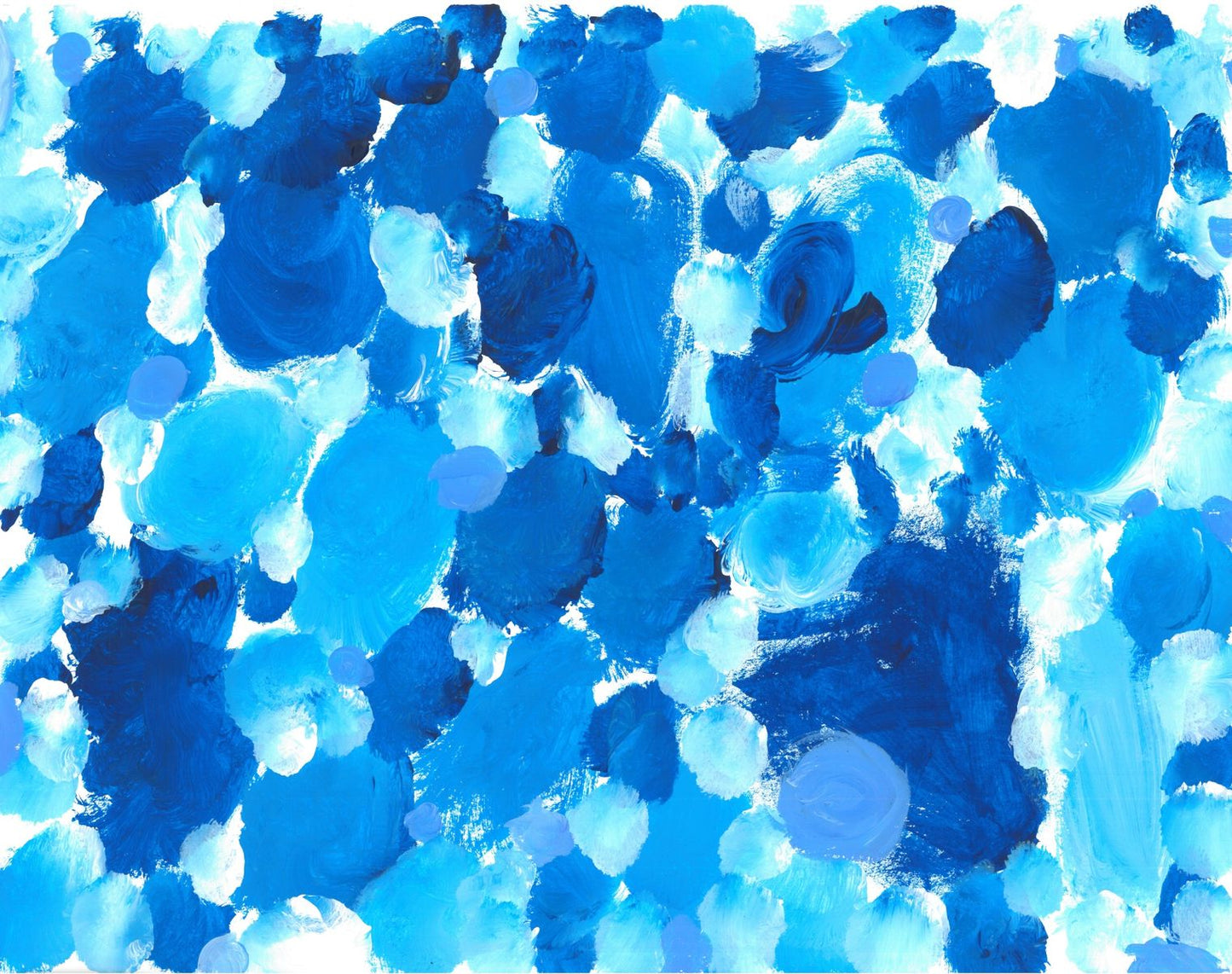 Splotches of light blue, medium blue, and dark blue on a white background give an impression of bubbles.