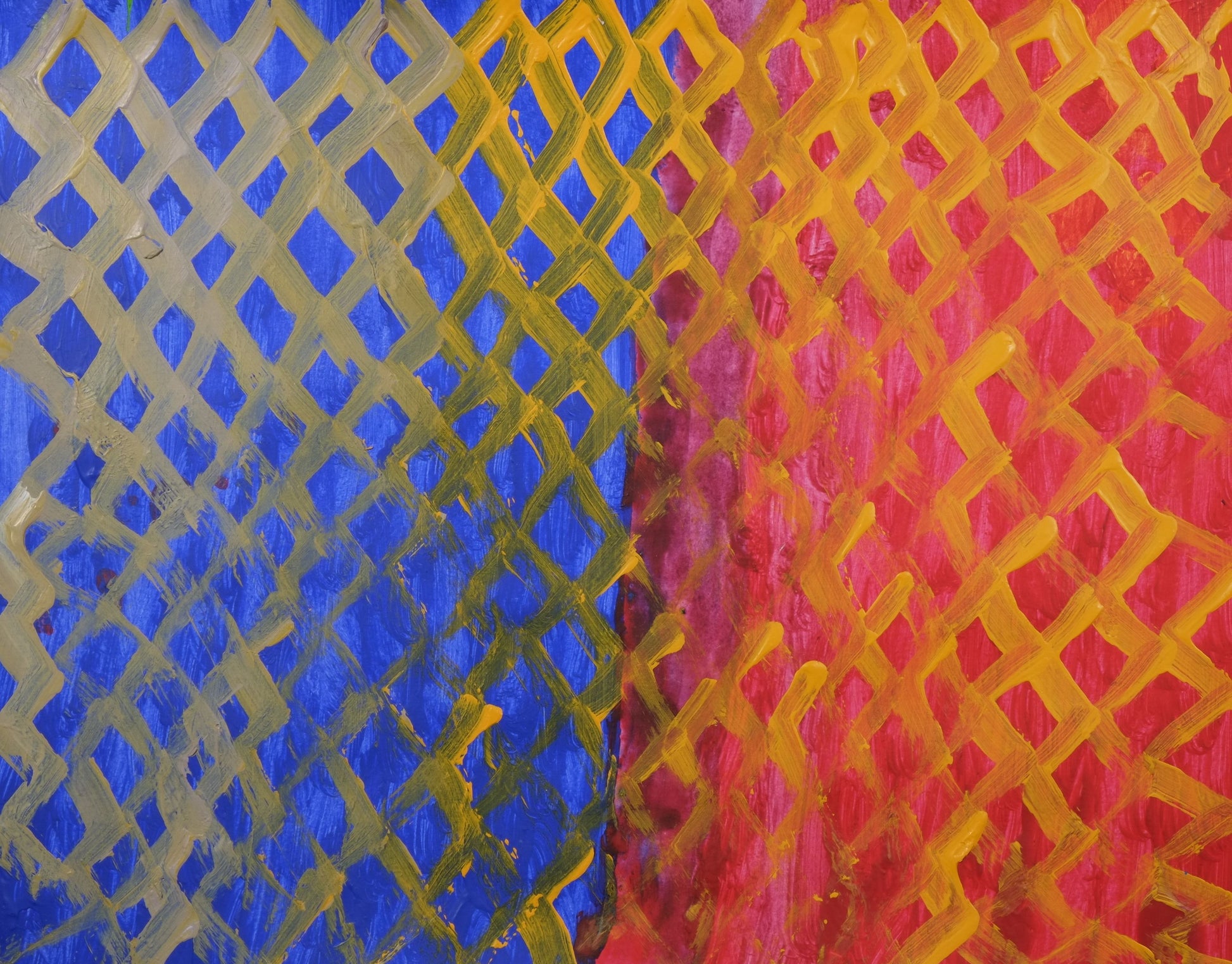 Acrylic on paper artwork depicting blue and red vertical blocks with yellow lattice overlay