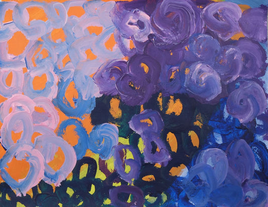 Acrylic on paper artwork with an orange background behind tightly knit pink, blue, purple, and deep green circles
