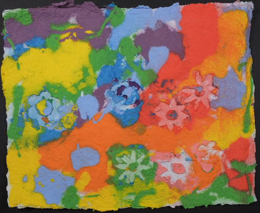 Pigment on recycled paper artwork with purple, yellow, red, green and orange melted color background and flower shapes on top