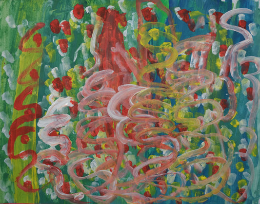 Acrylic on paper artwork with green, yellow and blue gradient background and red, white, yellow and pink squiggles on top