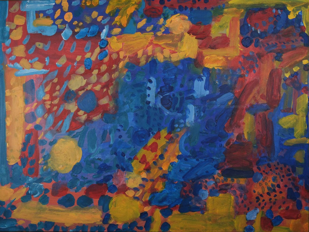 Acrylic on canvas artwork inspired by the sun reflecting in the water.  A large blue center is surrounded by red and yellow paint strokes and dots