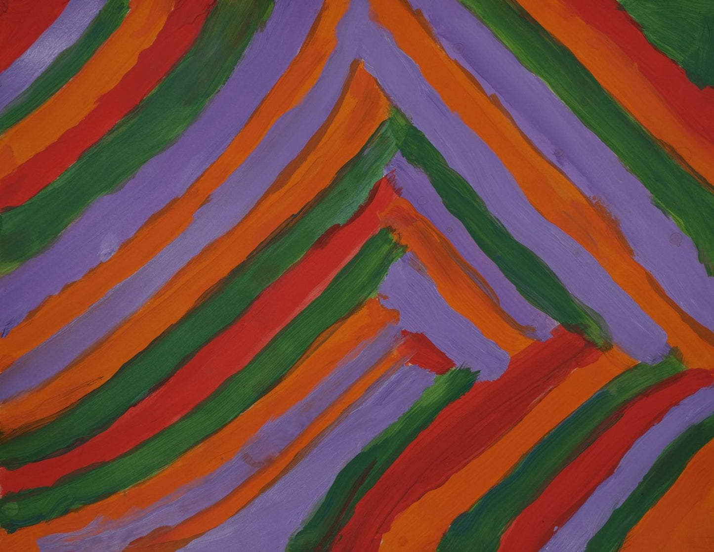 Acrylic on paper artwork depicting red, purple, green, and orange lines working inwards