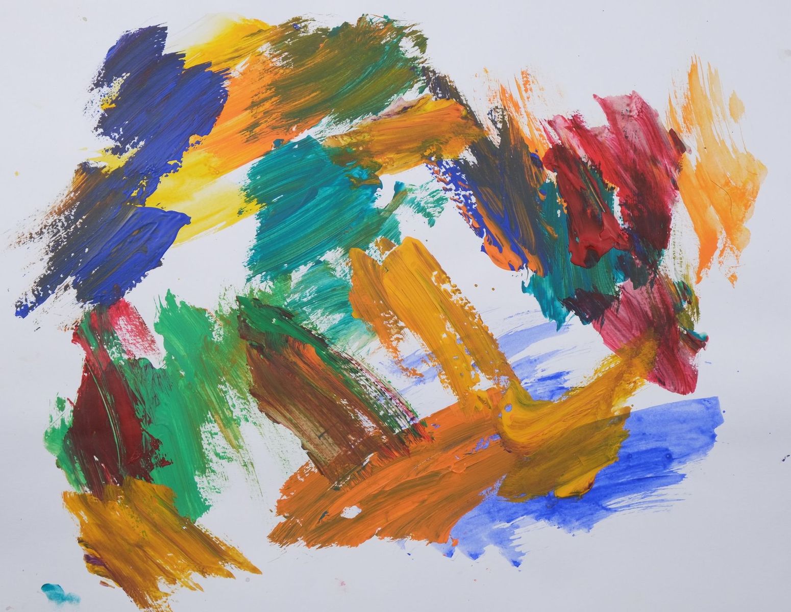 Acrylic on paper artwork against a white background with loose paint strokes of blue, orange, teal, green, yellow and red