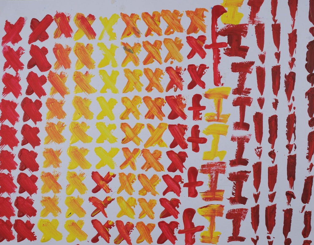 Acrylic on paper artwork with a white background and vertical rows of X's, I's and exclamation marks in red, orange, and yellow