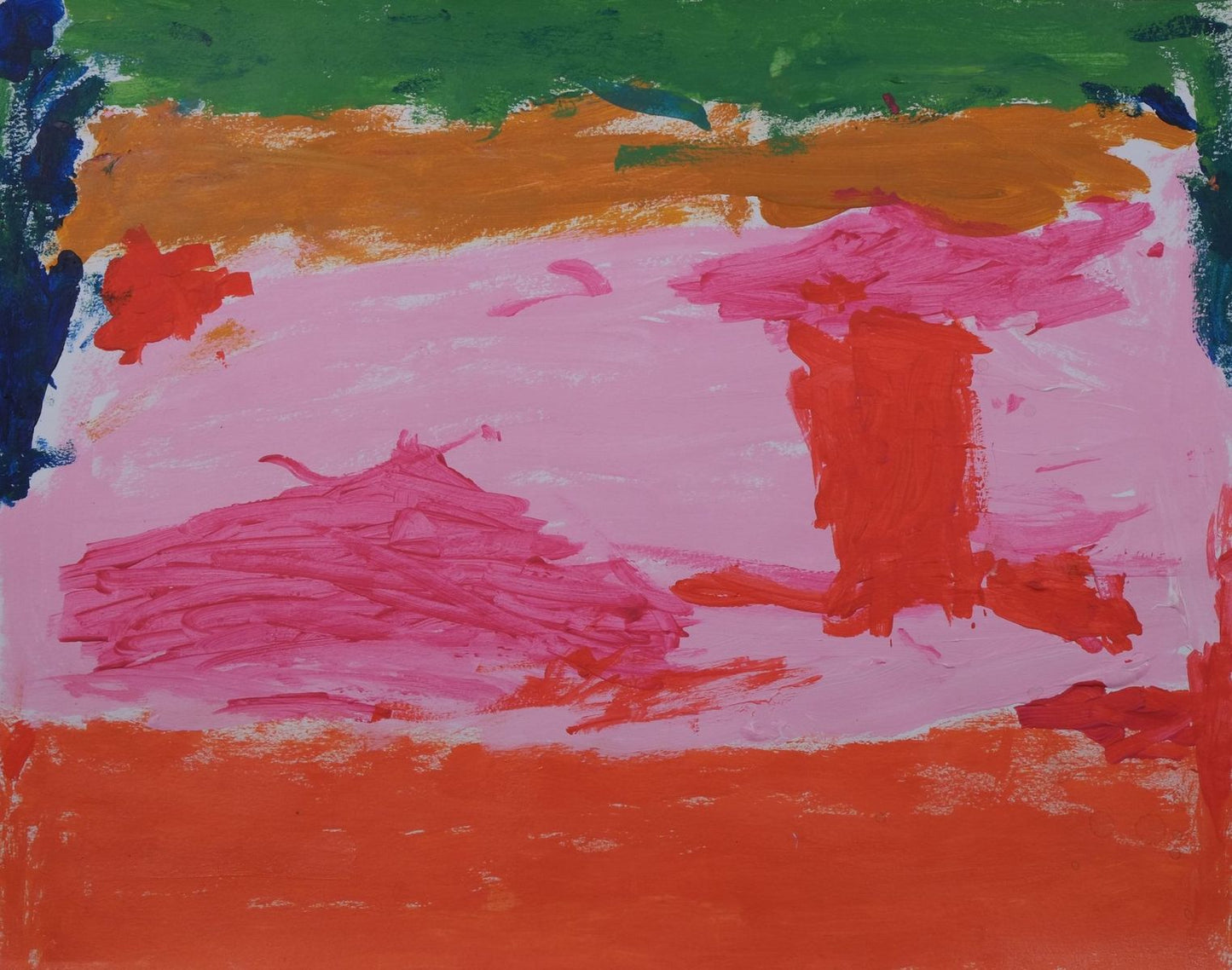 Acrylic on paper artwork with a vertical green, orange, light pink and burnt orange line with two darker pink ovals and a red rectangle in the middle