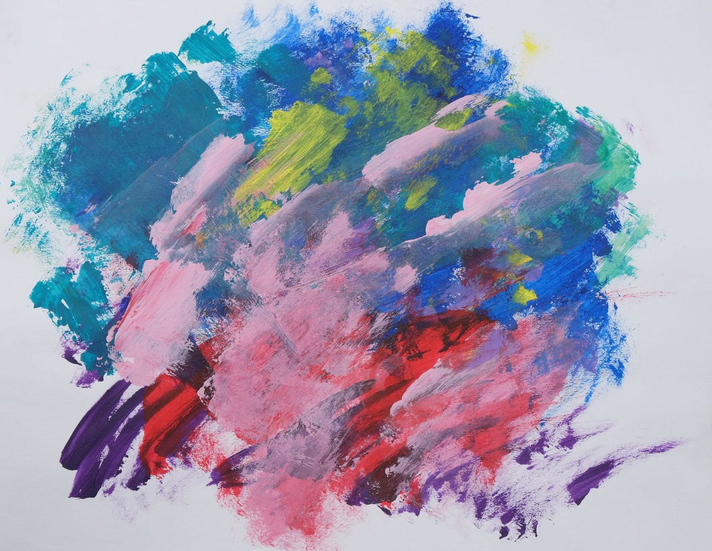 Acrylic on paper artwork on a mostly white background with strokes of teal, blue, pink, yellow, purple, red and seafoam forming a large circle in the center