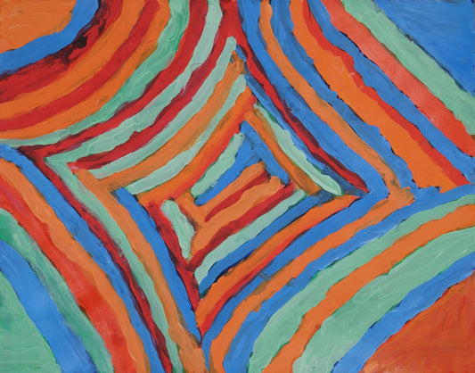 Acrylic on paper artwork with a pattern of orange, blue, red, and seafoam lines working from the outside in, in a diamond pattern