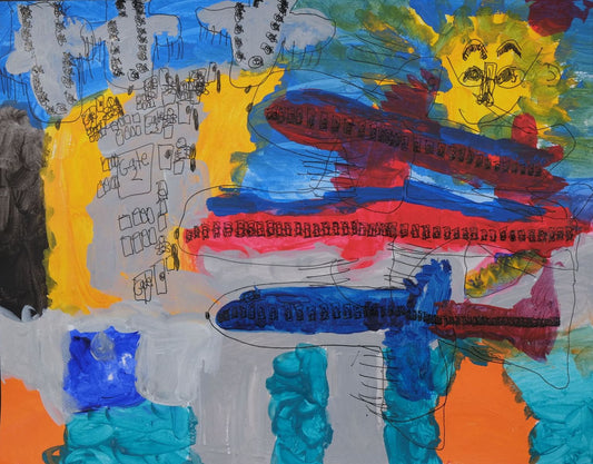 Acrylic and ink on paper artwork depicting blue and red planes on a tarmac next to Gate 2 with people waiting to board beneath a golden sun with a smiling face and glasses