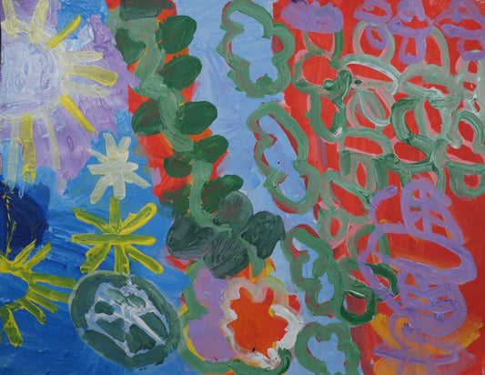 Acrylic on paper artwork depicting yellow suns, green vine and purple flowers with green leaves over a red background