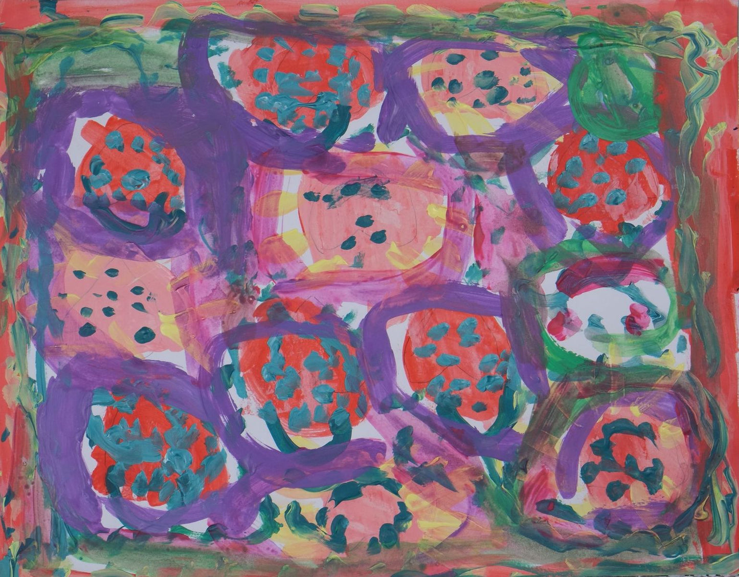 Acrylic on paper artwork with red border and purple circles colored in with red and pink and teal dots