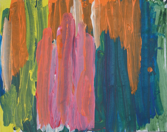 Acrylic on paper artwork with vertical paint strokes of orange, blue, yellow, pink and green